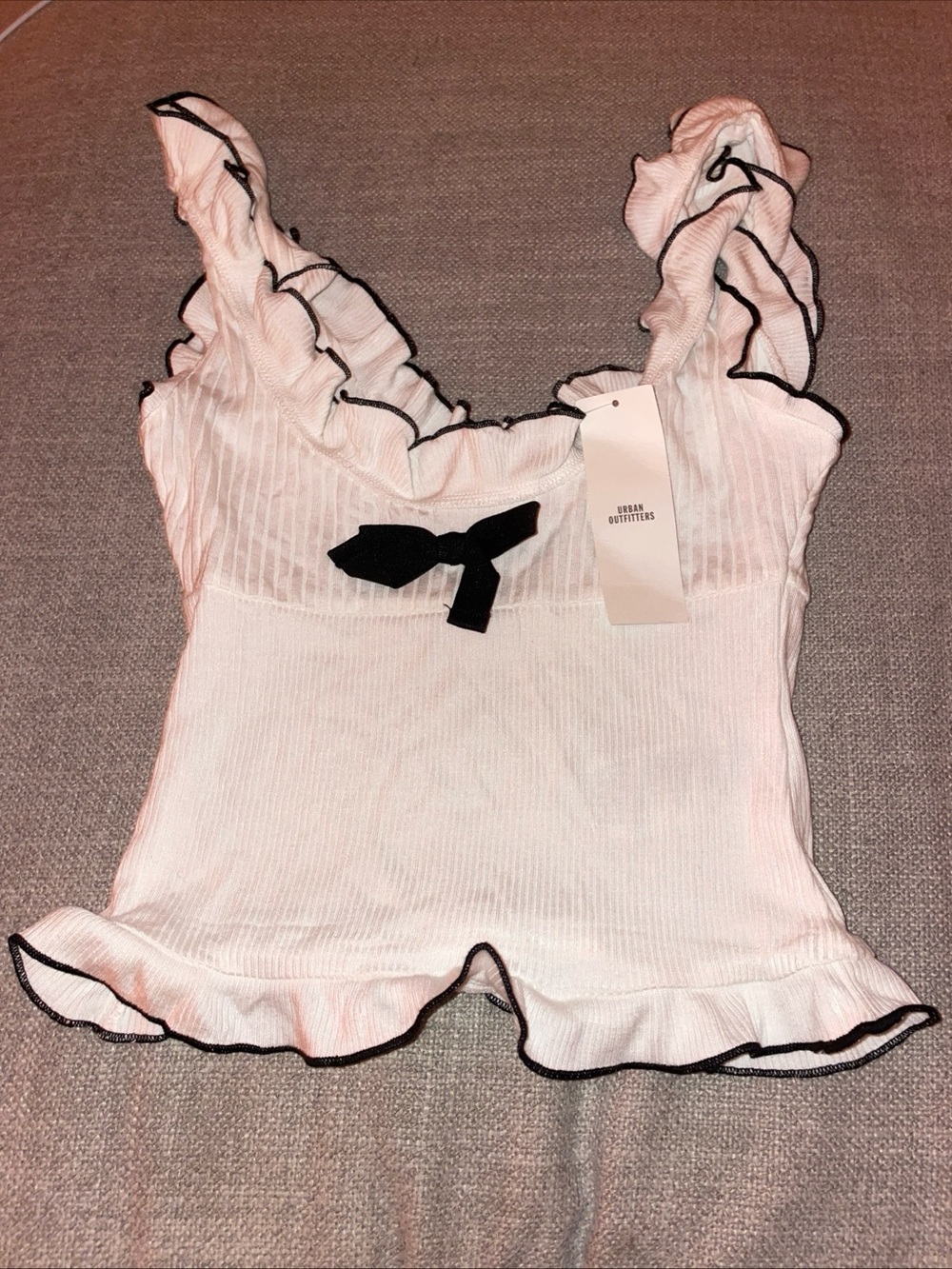 Urban Outfitters Coquette Ribbed Cami Top XS Ivory Black Lettuce Trim NWT